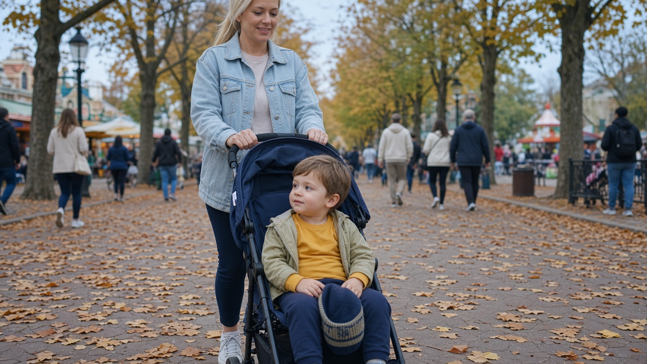 Toddler in a light shirt and sun hat walking beside a stroller on a sunny mild day